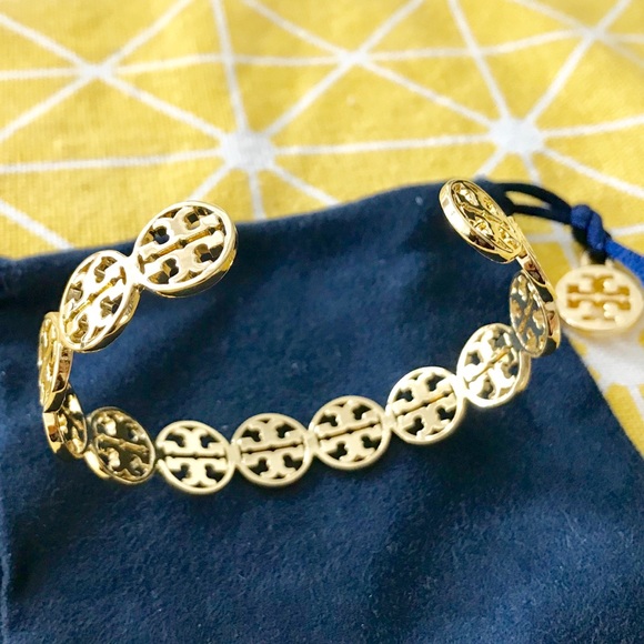 Tory Burch Gold Logo Cuff Shiny Brass Bracelet NEW - Picture 2 of 6